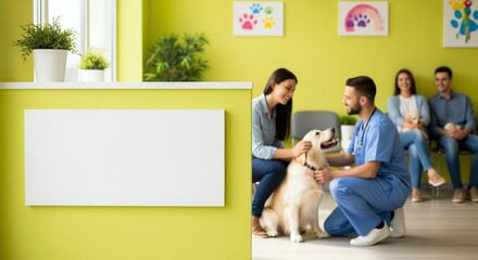Veterinarian examines a golden retriever in a vet clinic consultation room setting