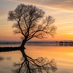 Lonely tree at the edge of a still lake, mirrored branches forming symmetrical shape in glowing sunset light