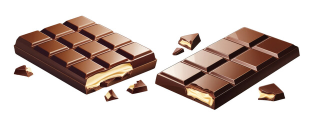 Chocolate Bars Set with Cream Filling and Broken Pieces, Isolated on Transparent Background