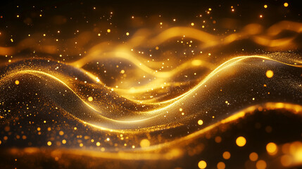 Golden waves of light with sparkling particles on a soft glowing background
