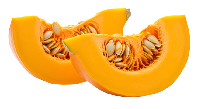 Vibrant pumpkin slices revealing seeds and guts ready for autumn harvest and cooking isolated on transparent background