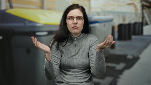 Woman outdoors shrugging in a street setting, wearing eyeglasses and a gray sweater, expressing confusion or curiosity, with waste bins in the background.