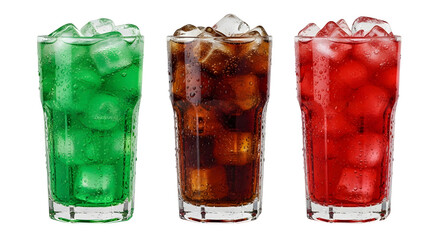 Three iced refreshing drinks green brown red soda cocktails beverages in glasses with ice cubes isolated on transparent background