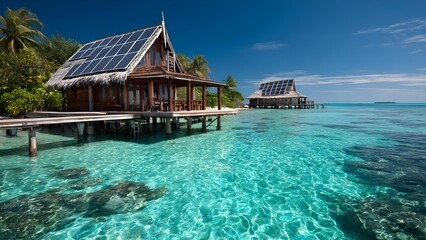 Overwater bungalows with solar panels on thatched roofs, standing on stilts above a turquoise tropical lagoon. Concept Overwater Bungalows, Solar Panels on Thatched Roofs, Stilt Houses