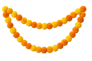 Indian marigold flower garland decoration for diwali, dussehra, ganesh chaturthi, festivals, wedding, ritual, or puja on transparent background