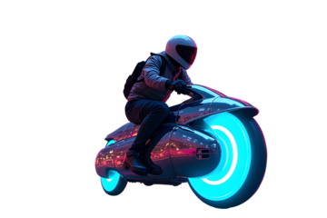 Cyberpunk Biker on Futuristic Neon Motorcycle (PNG Isolated on Transparent Background). 