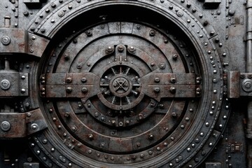 Obraz premium Rusty vintage bank vault door featuring intricate mechanical design and detailed craftsmanship conveying security and historical significance enhancing visual strength