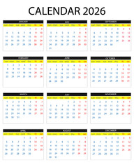 Calendar 2026  12 months yearly vector calendar in year 2026 calendar template planner calendar