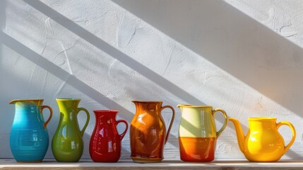 Colorful ceramic pitchers arranged in a line casting shadows on a textured wall in bright daylight
