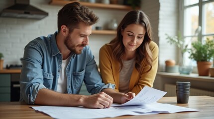 Couple reviewing expenses at kitchen table, simple categories and future timeline
