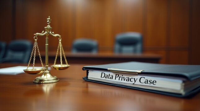 Courtroom scene with scales of justice, folder labeled “Data Privacy Case”