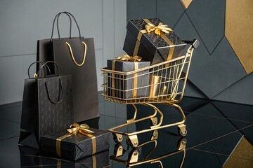 Shopping cart filled with elegant black and gold gifts and shopping bags for black Friday