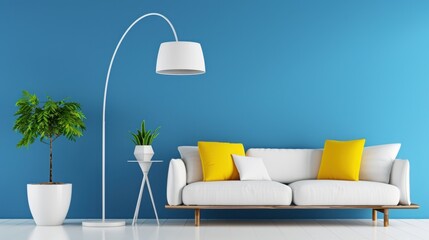 Modern living room interior design with white couch, yellow pillows, floor lamp, potted plants, and blue wall background