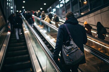 Escalator packed with people in supermarket place for shopping or travelling
