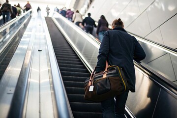 Escalator packed with people in supermarket place for shopping or travelling