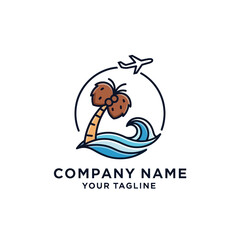 Tropical travel agency logo with airplane and palm tree icon.