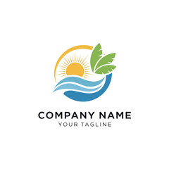 Tropical summer logo with sun waves and palm leaves.