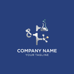 Modern metallic science logo with flask and molecular structure.