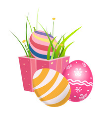 Vibrant easter eggs in a pink planter