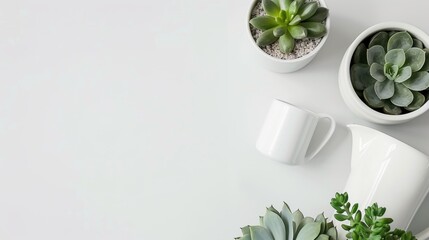 Minimalistic Arrangement of Succulent Plants and Modern White Tableware on Bright Surface