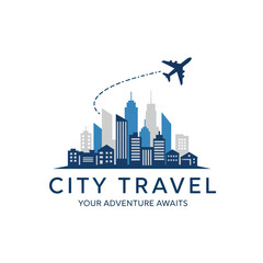 Obraz premium City Travel Logo Featuring Airplane and Skyline Silhouette for Tourism and Adventure.