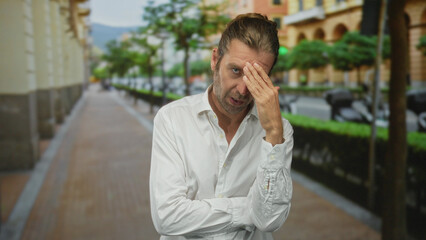 Blond man with long hair wearing a white shirt and hand covering face while standing on a sunlit...