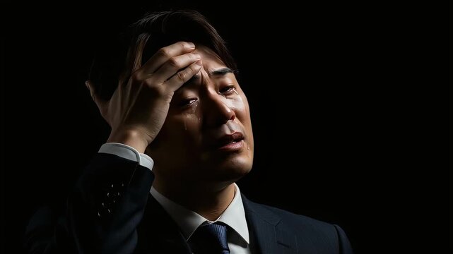 仕事や人生の絶望的な状況に打ちひしがれ、天を仰いで号泣するビジネスマンのクローズアップ