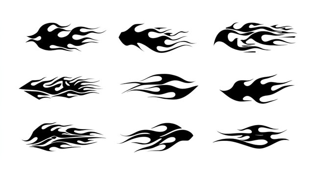 Flame decal. Fire abstract black silhouette  flames for race car or tattoo. Tribal flame hotrod car vinyl decals and motorcycle airbrush stencil. Burning element vector set Stock Vector