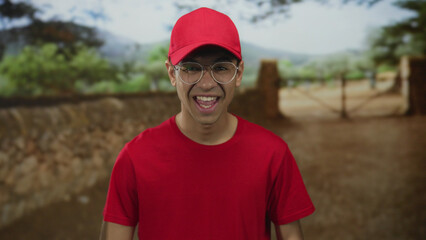 Man wearing red cap and red t shirt shouting with open mouth under sunlight in forest; frustration...