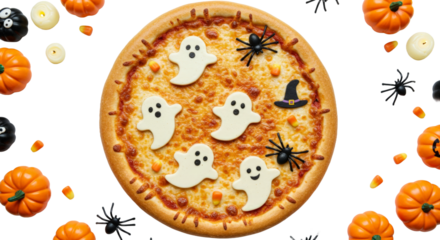 Cheese pizza decorated with ghosts and spiders for Halloween