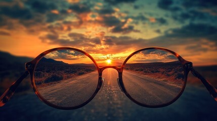 Sunset Road Through Glasses; Inspiring Vision; Travel; Adventure