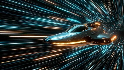 Futuristic spacecraft traveling through a colorful warp tunnel   - Powered by Adobe