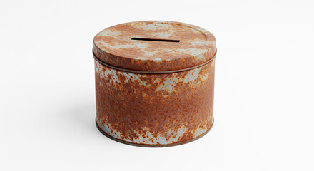 Rusty metal coin bank with a slot for money on a white background, showing texture, corrosion, and an aged vintage appearance, great for financial or saving concepts.