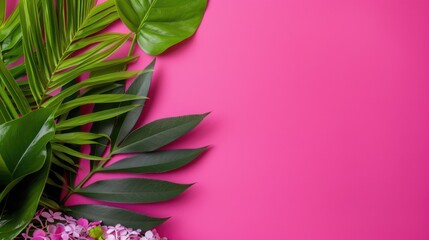 Obraz premium Vibrant Tropical Leaves on Bright Pink Background for Creative Design and Decoration Purposes