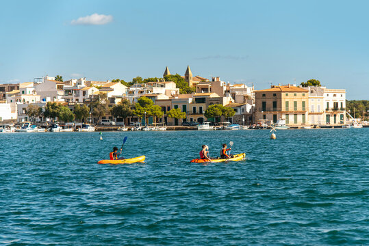 Boats and buildings in the fishing village of Portocolom, Mallorca, Balearic Islands