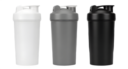 Blank protein shaker bottles mockup set isolated on white background for gym and fitness marketing