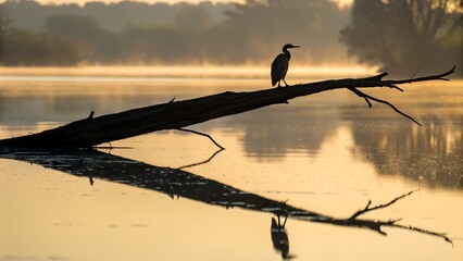 Single bird perched on a half-submerged branch, reflection stretching below into glowing dawn light.