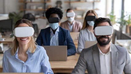 Group of coworkers wearing VR headsets in a bright office, some with masks, smiling at the camera. Concept VR in the workplace, Bright office vibe, Team with headsets, Masked and unmasked group