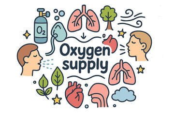 Oxygen Supply Doodle. Oxygen supply. Hand-drawn doodle illustration of Oxygen supply. O2 cylinder, mask, lungs