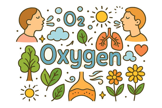 Oxygen Doodle Art. Oxygen. Hand-drawn doodle illustration of Oxygen. O2 molecule, lungs, air bubbles, inhaling