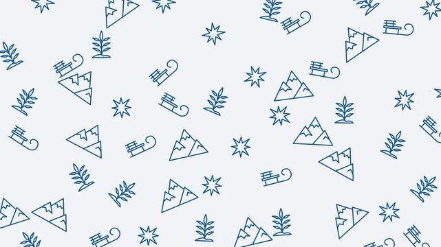 Seamless winter pattern featuring mountains, stars, trees, and sleds. Ideal for seasonal backgrounds, holiday designs, and festive decorations.