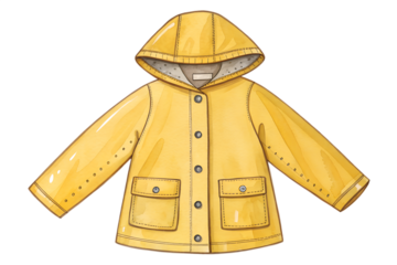 Watercolor yellow raincoat with hood, hand painted waterproof jacket illustration. Cozy outerwear clipart isolated on transparent background, perfect for autumn weather designs, children’s clothing ic