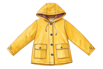 Watercolor yellow raincoat with hood, hand painted waterproof jacket illustration. Cozy outerwear clipart isolated on transparent background, perfect for autumn weather designs, children’s clothing ic
