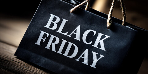 White text "Black Friday" on black gift paper bag on dark golden wooden background.