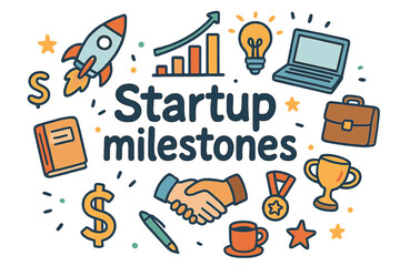 Fototapeta premium Startup Milestones Doodle. Startup milestones. Hand-drawn doodle illustration of Startup milestones. rocket,