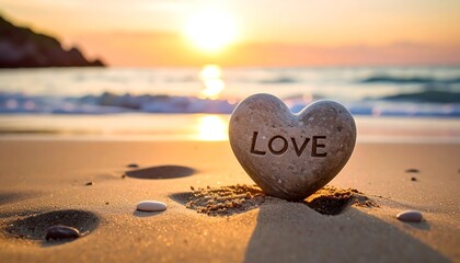 A heart-shaped stone on a sandy beach at sunset, engraved with "LOVE