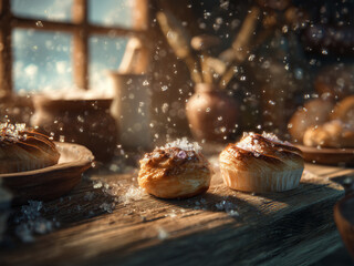 Magical autumn pastries on a rustic table with glowing sugar crystals, soft morning light, cozy cinematic kitchen scene, ultra-detailed.
