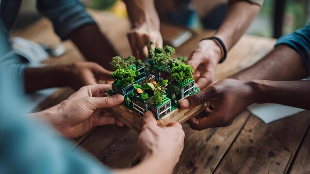 A group of people collaborates to assemble a miniature eco-friendly building model with rooftop gardens and trees on a wooden base. Concept Collaborative eco-friendly building model with rooftop gard