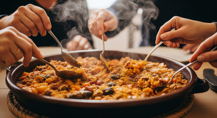 Steaming paella served in a clay dish, with multiple hands holding spoons ready to eat, showing a shared meal with friends and family, steam rising, warm and inviting.
