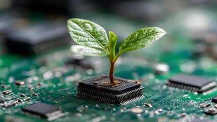 Tiny green seedling grows from a microchip on a circuit board, blending nature with technology. Concept Nature-Tech Fusion, Seedling on a Circuit, Bioelectronic Art, Green Tech Aesthetics